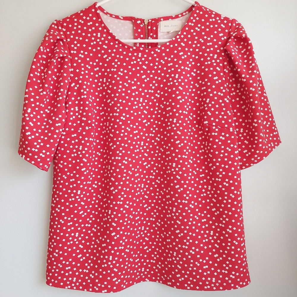 Melloday Polka Dot Square Design Red White Blouse Size Medium